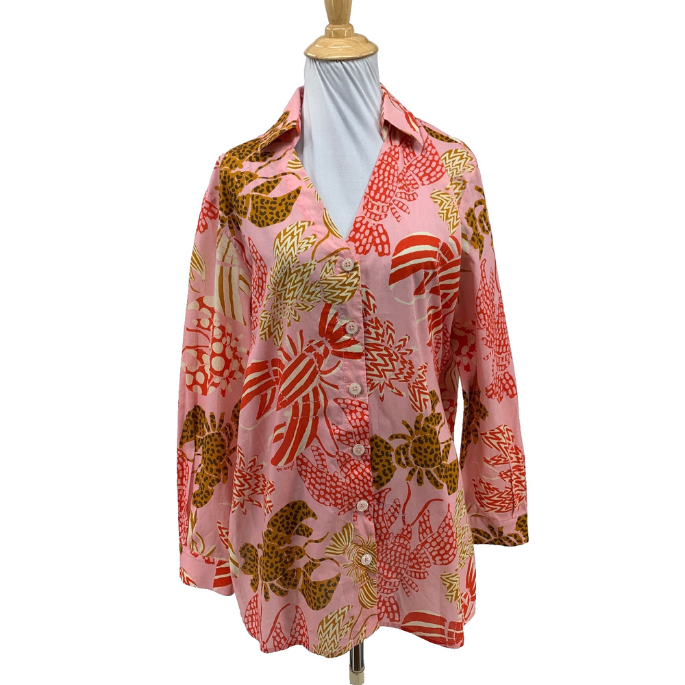 Farm Rio Shirt Womens S Small Multi Lobster Oversized Button Front Collared